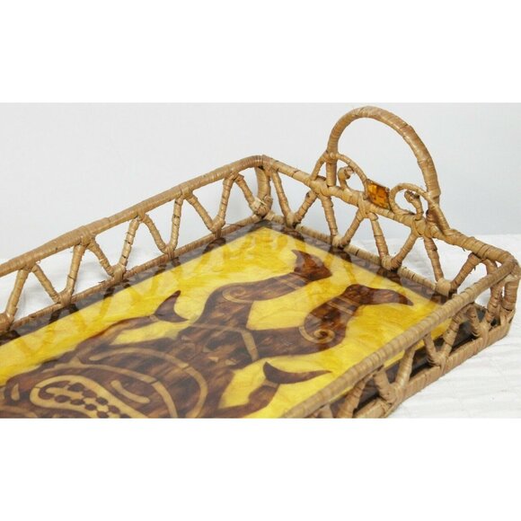 Polynesian Tiki God Capiz Serving Tray Shell God 21"x12" Jewel Brown Gold Woven - Picture 5 of 8